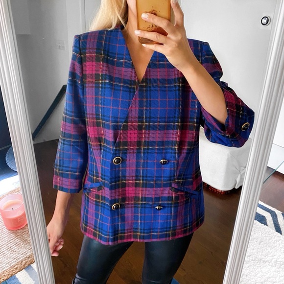 💙 CLASSY BLUE PINK MULTI PLAID BLAZER JACKET! - Picture 3 of 15